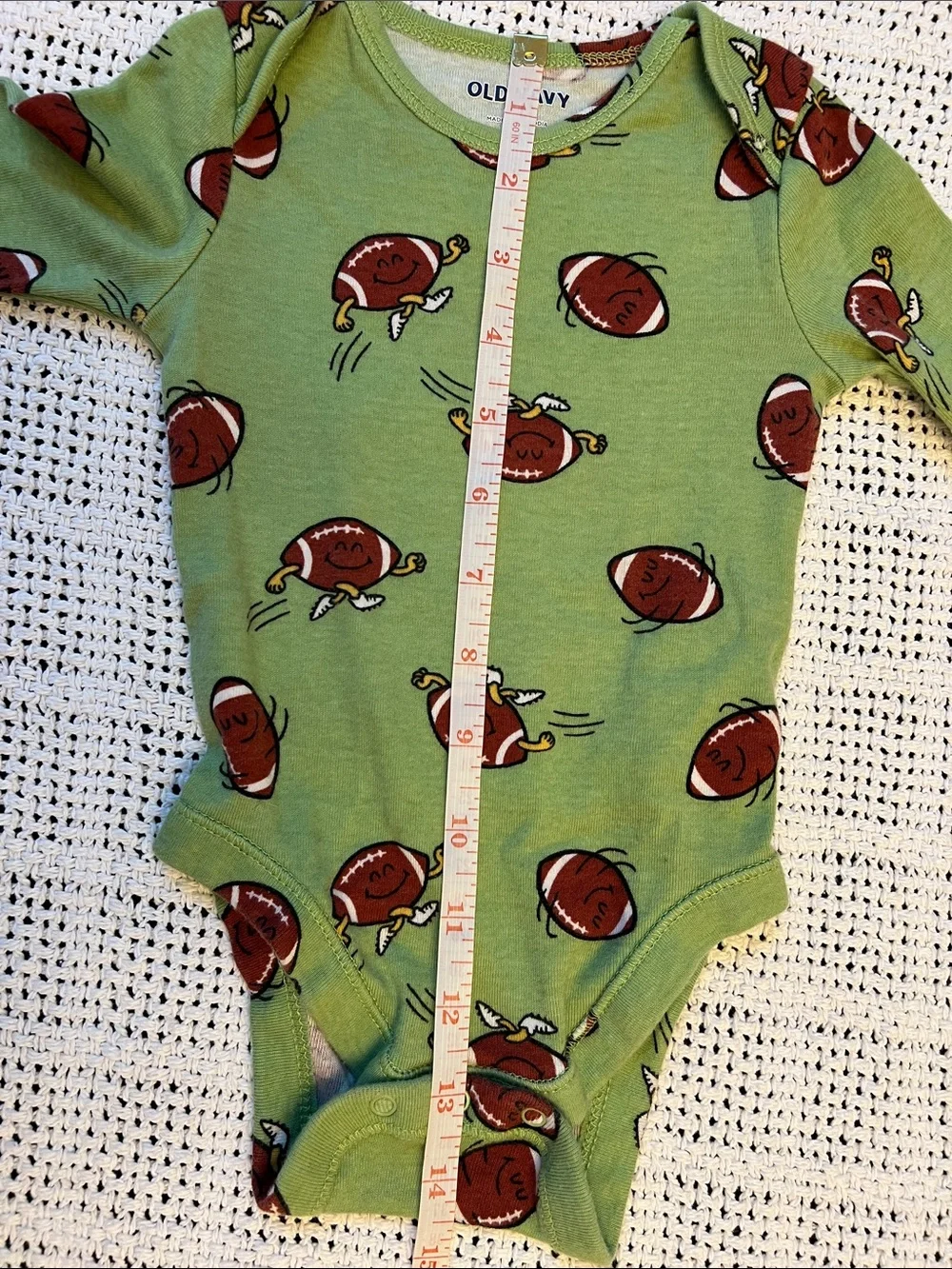 Old Navy | 100% Cotton Green Football-Print Long-Sleeve Baby Bodysuit Sz 6-12M